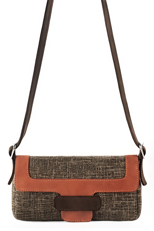 Dark brown and terracotta orange women's dress handbag, matching pumps and belts. Top view - Florence KOOIJMAN